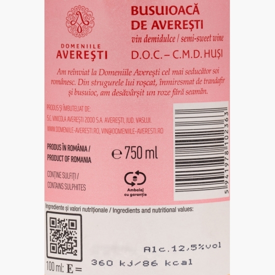 Vin rose demidulce Busuioacă de Averești, D.O.C. Huși, 12.5%, 0.75l