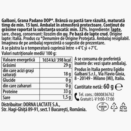 Brânză Grana Padano cu pastă tare, răzuită, maturată peste 15 luni 60g