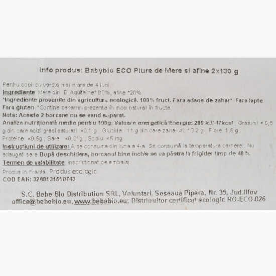 Piure eco de mere și afine, fără zahăr adăugat, 4+ luni, 2x130g