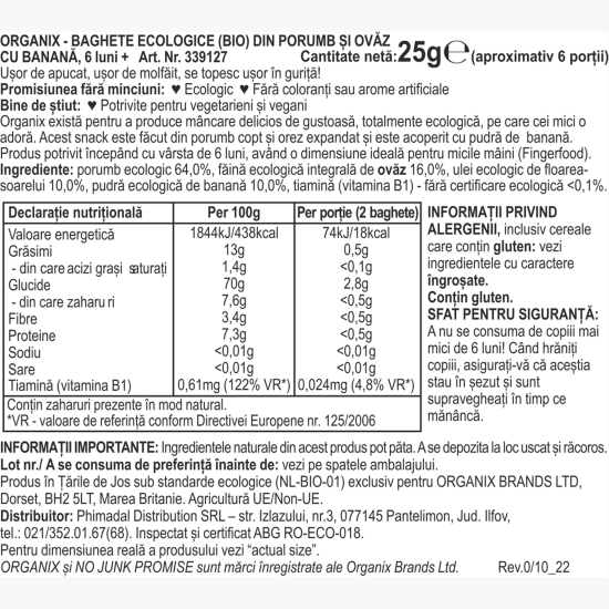 Baghete eco din porumb, ovăz și banană, 25g, +6 luni