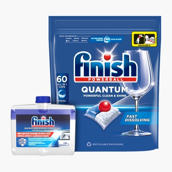 Pachet: Detergent capsule pentru mașina de spălat vase Quantum, 60 spălări + Soluție de curățare 250ml