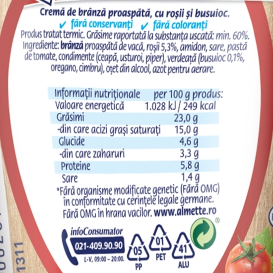 Cremă de brânză proaspătă cu roșii și busuioc 150g