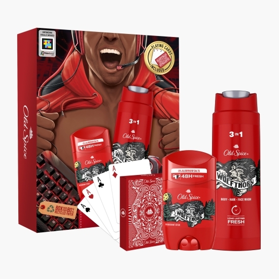 Set cadou Gamer: gel de duș Wolfthorn 250ml + deodorant stick Wolfthorn 500ml + cărți de joc