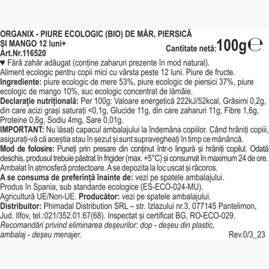 Piure ecologic de măr, piersică și mango, 100g, +12 luni