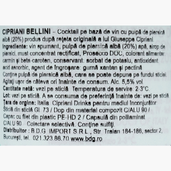 Cocktail Bellini pe bază de vin cu pulpă de piersici albe, 5.5%, 0.2l