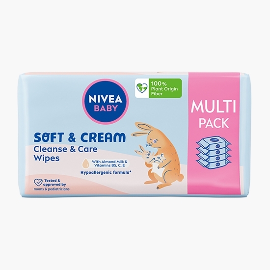 Șervețele umede pentru bebeluși Baby Soft & Cream Cleanse & Care Multipack, 4 pachete x 57 buc