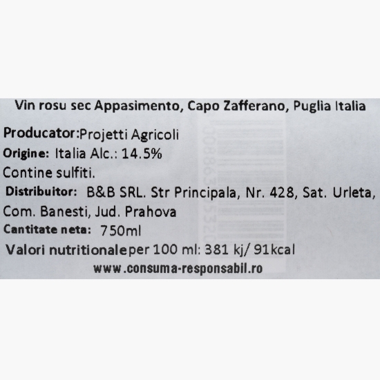 Vin roșu sec Appasimento Puglia, 14.5%, 0.75l