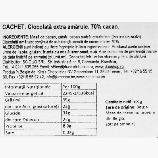 Ciocolată neagră cu 70% cacao, 100g