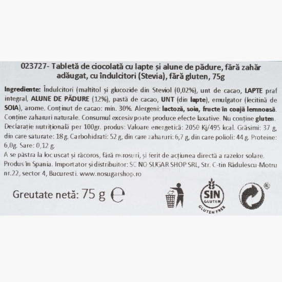 Ciocolată cu lapte și alune de pădure cu stevia (fără zahăr) 75g