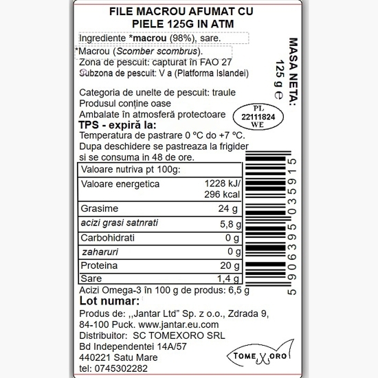 File de macrou afumat, cu piele, 125g