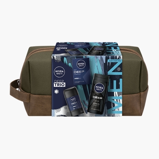 Set cadou Men Deep: Loțiune după ras 100ml + Gel de duș 250ml + Deodorant stick 50ml + geantă cadou