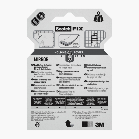 Bandă dublu adezivă pentru montare oglinzi, 19mmx1.5m, Scotch-Fix 3M