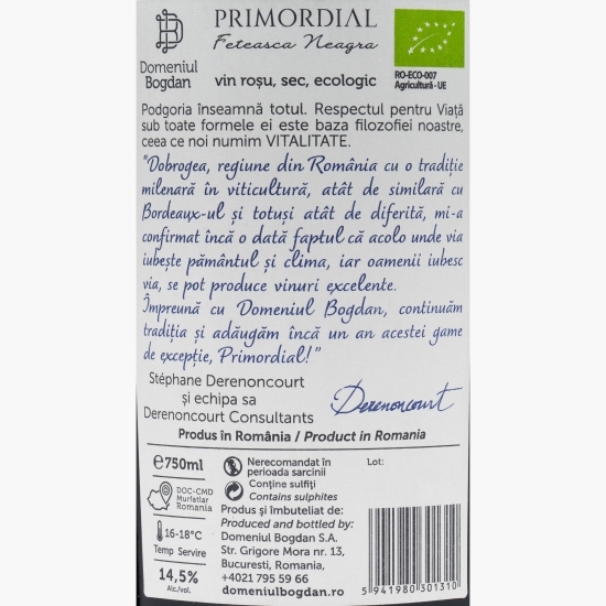 Vin roșu sec eco Primordial Fetească Neagră, 14.5%, 0.75l