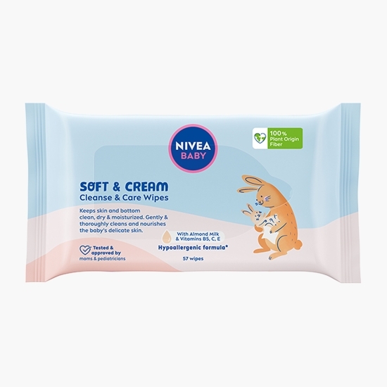 Șervețele umede pentru bebeluși Baby Soft & Cream Cleanse & Care 57 buc