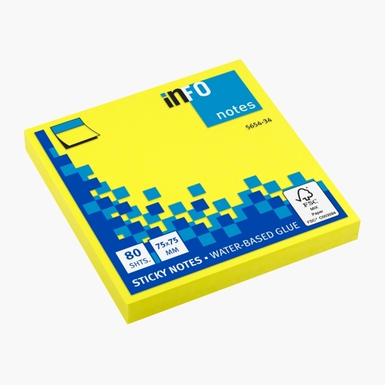 Notes adeziv 75x75mm, 80 file, briliant Info Notes, galben