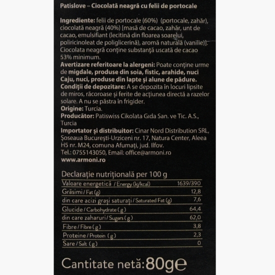 Ciocolată neagră cu felii de portocale 80g