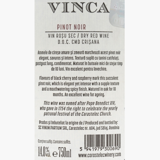 Vin roșu sec Benedict Pinot Noir, 14%, 0.75l