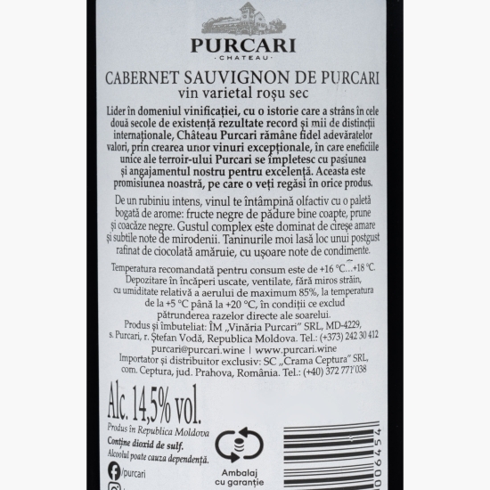 Vin roșu sec Cabernet Sauvignon, 14.5%, 0.375l