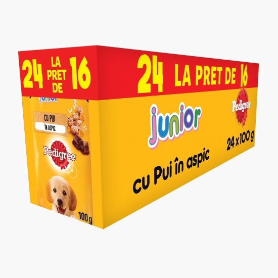 Hrană umedă pentru câini juniori cu pui și orez în aspic (16+8)x100 g