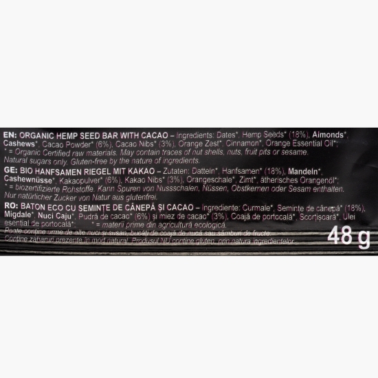 Baton eco din semințe de cânepă și cacao Hemp Up 48g