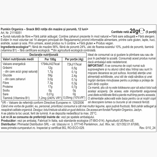 Snack eco rotițe din mazăre și porumb 20g, +12 luni