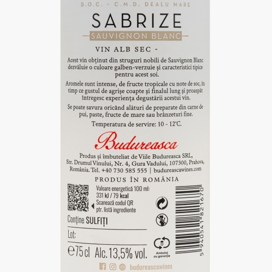 Vin alb sec Sabrize Sauvignon Blanc, 13.5%, 0.75l