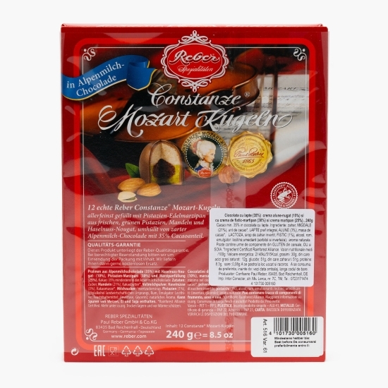 Praline Constanze ciocolată cu nugat, fistic și marțipan 12 buc, 240g