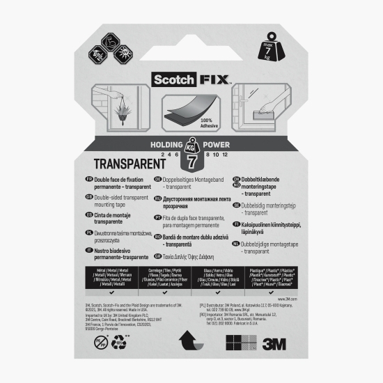 Bandă dublu adezivă transparentă pentru montare, 19mmx1.5m, Scotch-Fix 3M