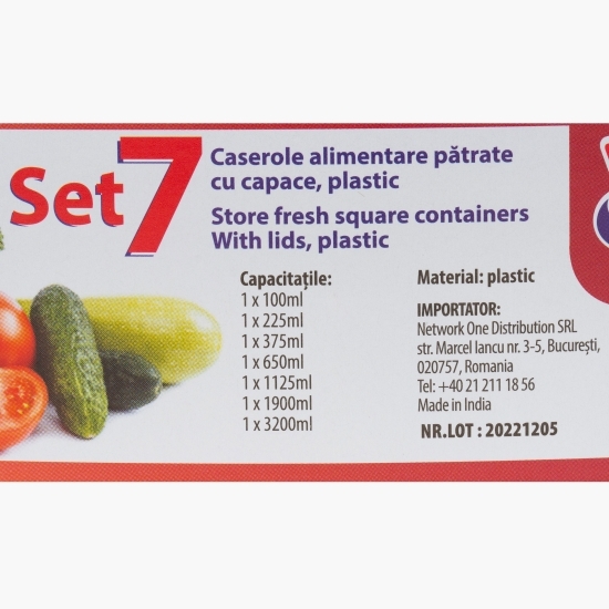 Set 7 caserole alimentare pătrate cu capac, plastic