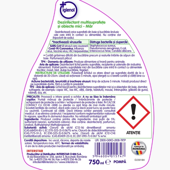 Dezinfectant spray fără clor pentru suprafețe mici 0.75l