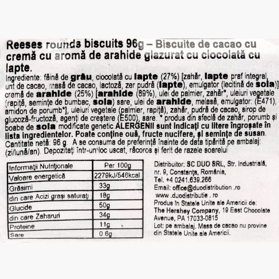 Biscuiți de cacao cu cremă de arahide glazurați cu ciocolată cu lapte Rounds Biscuits 96g