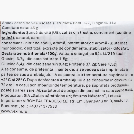 Snack carne de vită uscată și afumată Beef Jerky Original 45g