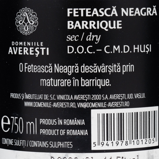 Vin roșu sec Fetească Neagră Barrique de Averești,  D.O.C. Huși, 13.9%, 0.75l