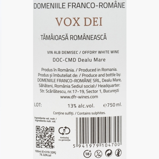 Vin alb demisec Tămâioasă Românească Vox Dei, 13%, 0.75l