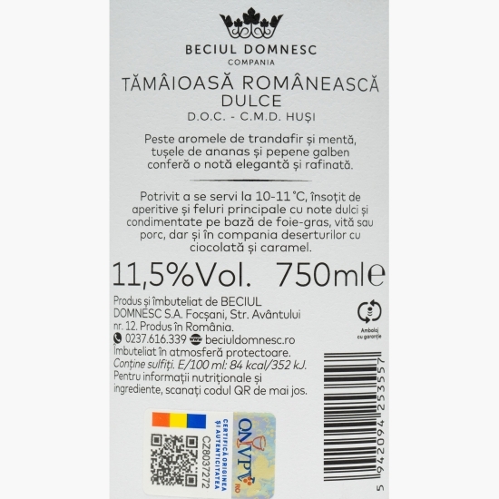 Vin alb dulce Tămâioasă Românească, 11.5%, 0.75l