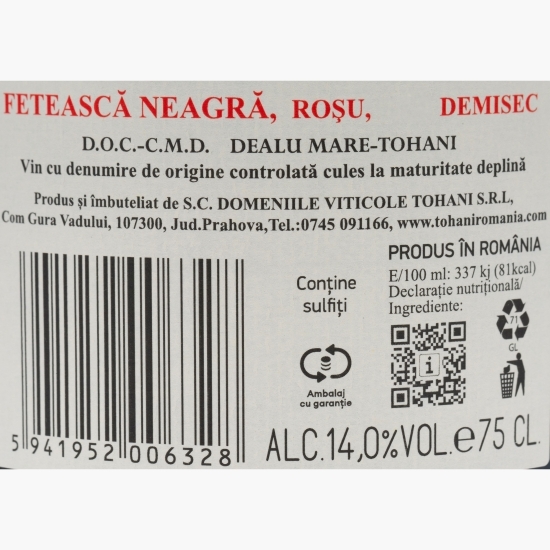 Vin roșu demisec Fetească Neagră, 14%, 0.75l