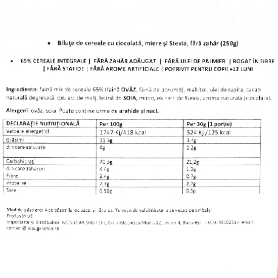 Biluţe de cereale cu ciocolată, miere şi stevia, fără zahăr, 250g