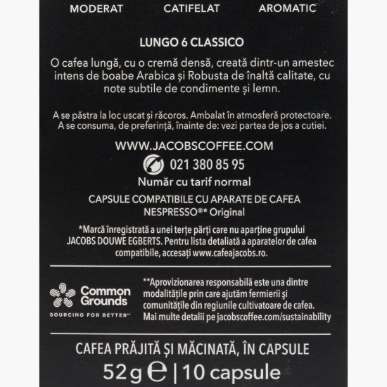 Capsule cafea Lungo Classico 6, compatibile Nespresso, 10 capsule, 52g