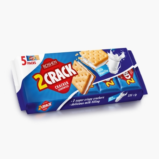 Biscuiți sandwich cu umplutură de lapte 2 Crack, 5 pachete x 2 biscuiți, 235g