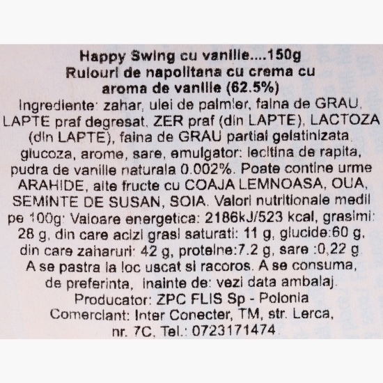 Rulori din napolitană cu cremă de vanilie Happy Swing 150g