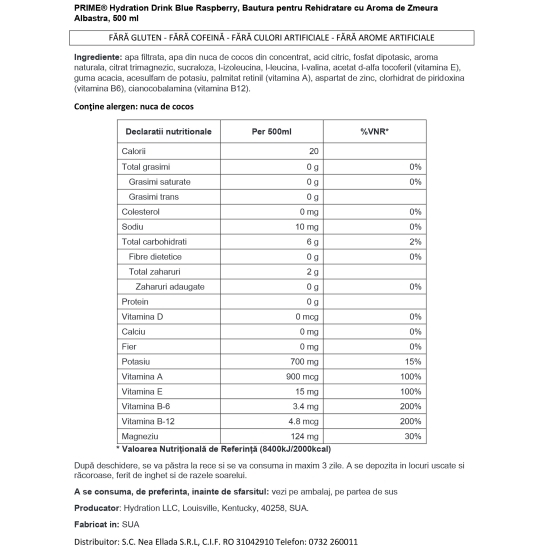 Băutură rehidratare cu aromă de zmeură albastră 0.5l