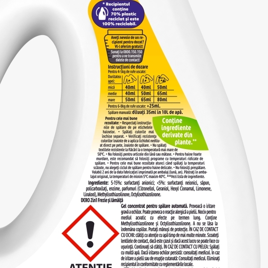 Detergent de rufe lichid 2în1 Gel Frezie și lămâița 20 spălări 1l