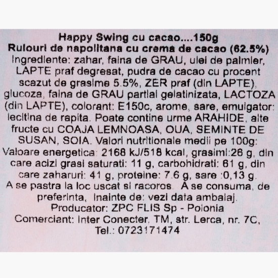 Rulouri din napolitană cu cremă de cacao Happy Swing 150g