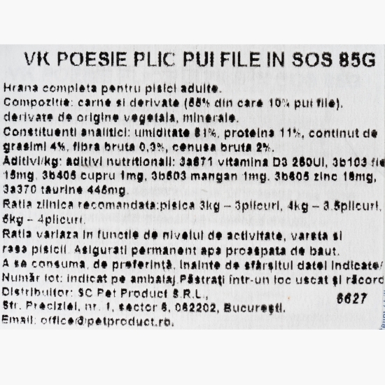 Hrană umedă pentru pisici Poesie, cu pui file în sos, 85g