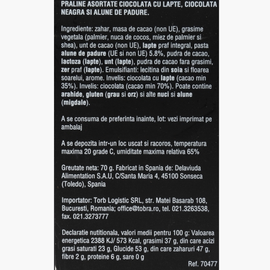 Praline asortate (lapte, alune pădure, neagră 70% cacao) 70g