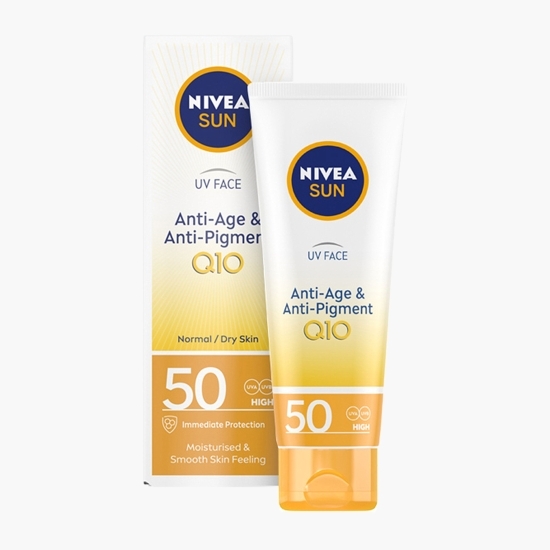 Cremă de față pentru protecție solară cu SPF50 Q10, cu efect anti-rid și anti-pigmentare 50ml