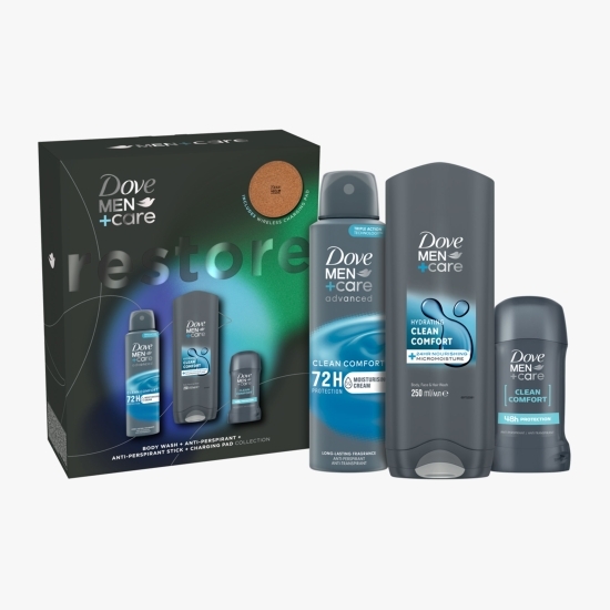 Set cadou Men+Care: deodorant spray Clean Comfort 150ml & gel de duș Clean Comfort 250ml & deodorant stick Clean Comfort 50ml + încărcător fără fir pentru telefon