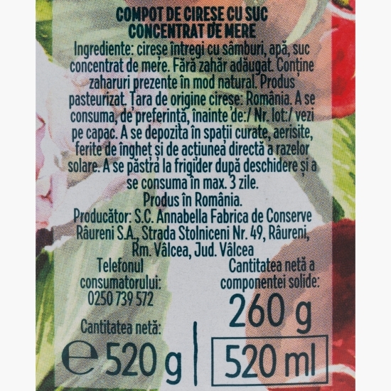 Compot cireșe dulce fără dulce 520g 