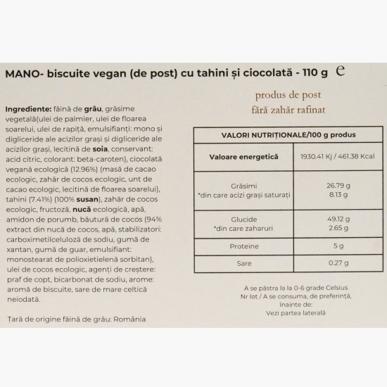 Cookie-biscuit vegan cu tahini și ciocolată Mano 110g