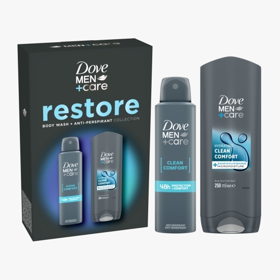 Set cadou Dove Men+Care: deodorant spray Clean Comfort 150ml & gel de duș Clean Comfort 250ml